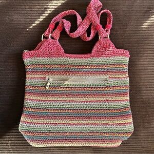 The Sak Multicolor Crochet Shoulder Bag Pink Trim Boho Knit Tote Purse